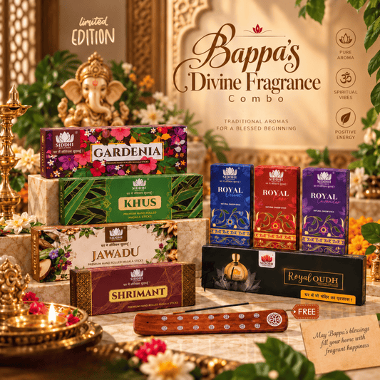 Siddhi Sugandh Bappa’s Divine Fragrance Combo | Masala Sticks & Royal Dhoop Sticks with Free Agarbatti Stand