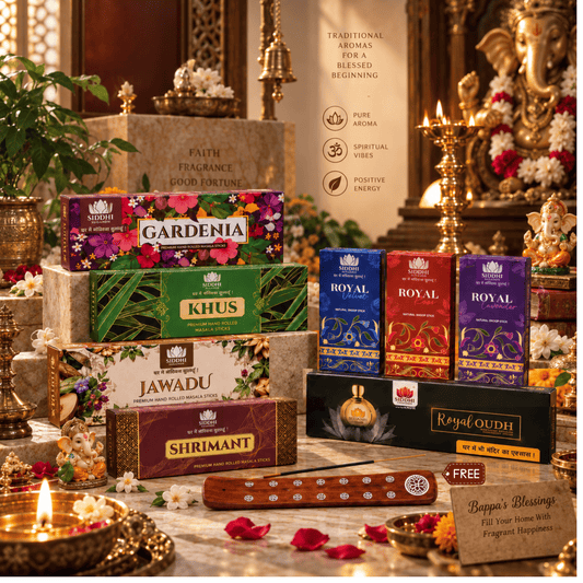 Siddhi Sugandh Bappa’s Divine Fragrance Combo | Masala Sticks & Royal Dhoop Sticks with Free Agarbatti Stand