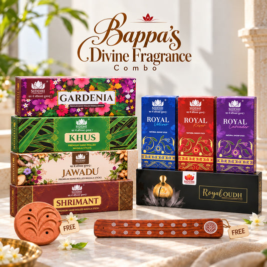 Siddhi Sugandh Bappa’s Divine Fragrance Combo | Masala Sticks, Dhoop Sticks with Free Wooden Patti Stand & Terracotta Clay Stand