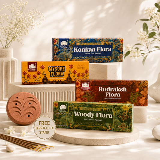 Siddhi Heritage Flora Signature Ensemble – 4 Premium Natural Flora Agarbatti Combo (250 Grm / Box) with Free Terracotta Clay Incense Stand