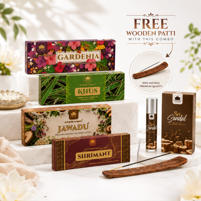 Siddhi Signature Aroma Ritual  – 4 Premium Hand-Rolled Masala Incense Sticks (50 Grm Each Box), Sri Sandal Attar Roll-On & Free incense Stick Holder Combo